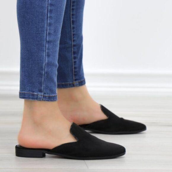 Suede Black Pointy Toe Slip On Mule Loafer - Picture 1 of 12